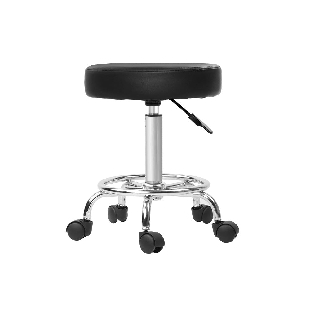 Artiss Round Salon Stool in Black PU with a sleek design, featuring a round seat, chrome base, and five castor wheels for easy mobility.