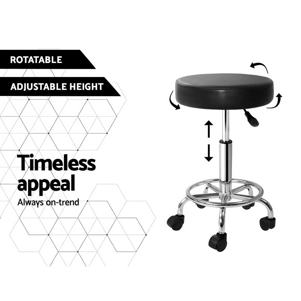 Artiss Round Salon Stool in Black PU with a sleek design, featuring a round seat, chrome base, and five castor wheels for easy mobility.