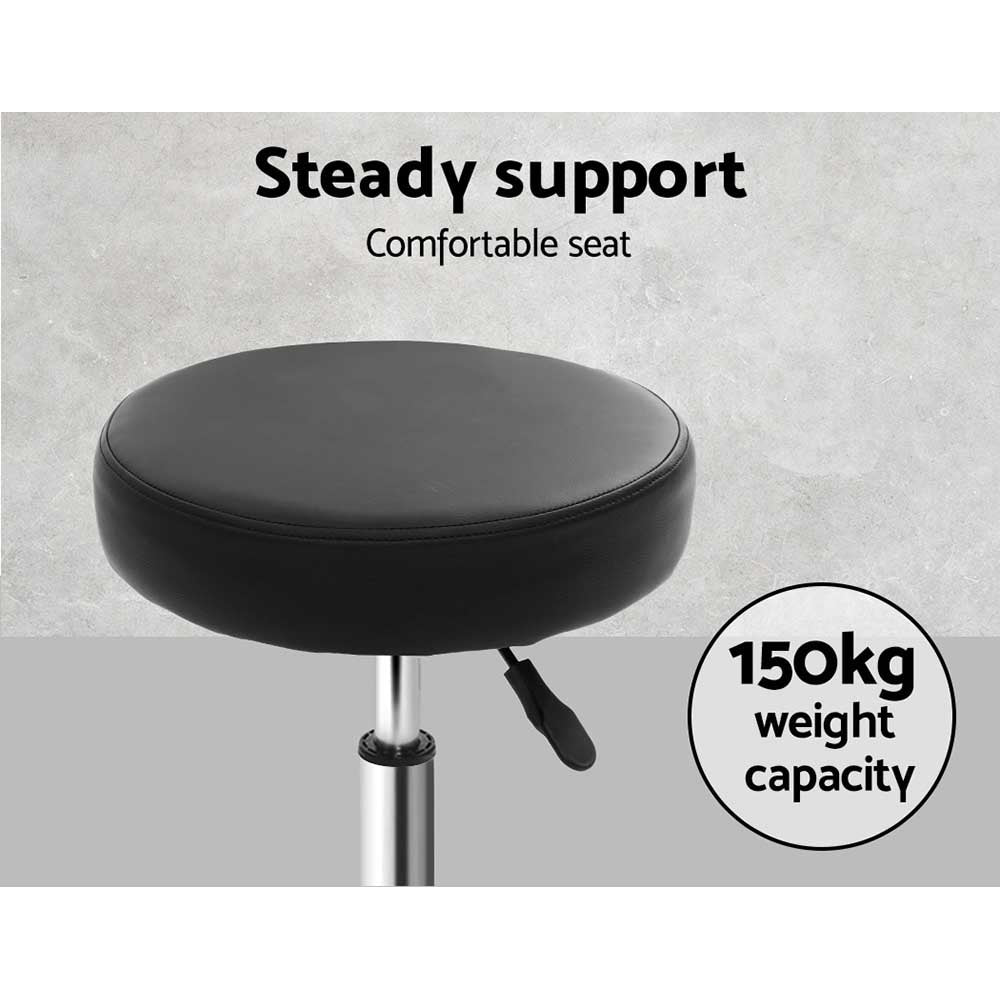 Artiss Round Salon Stool in Black PU with a sleek design, featuring a round seat, chrome base, and five castor wheels for easy mobility.