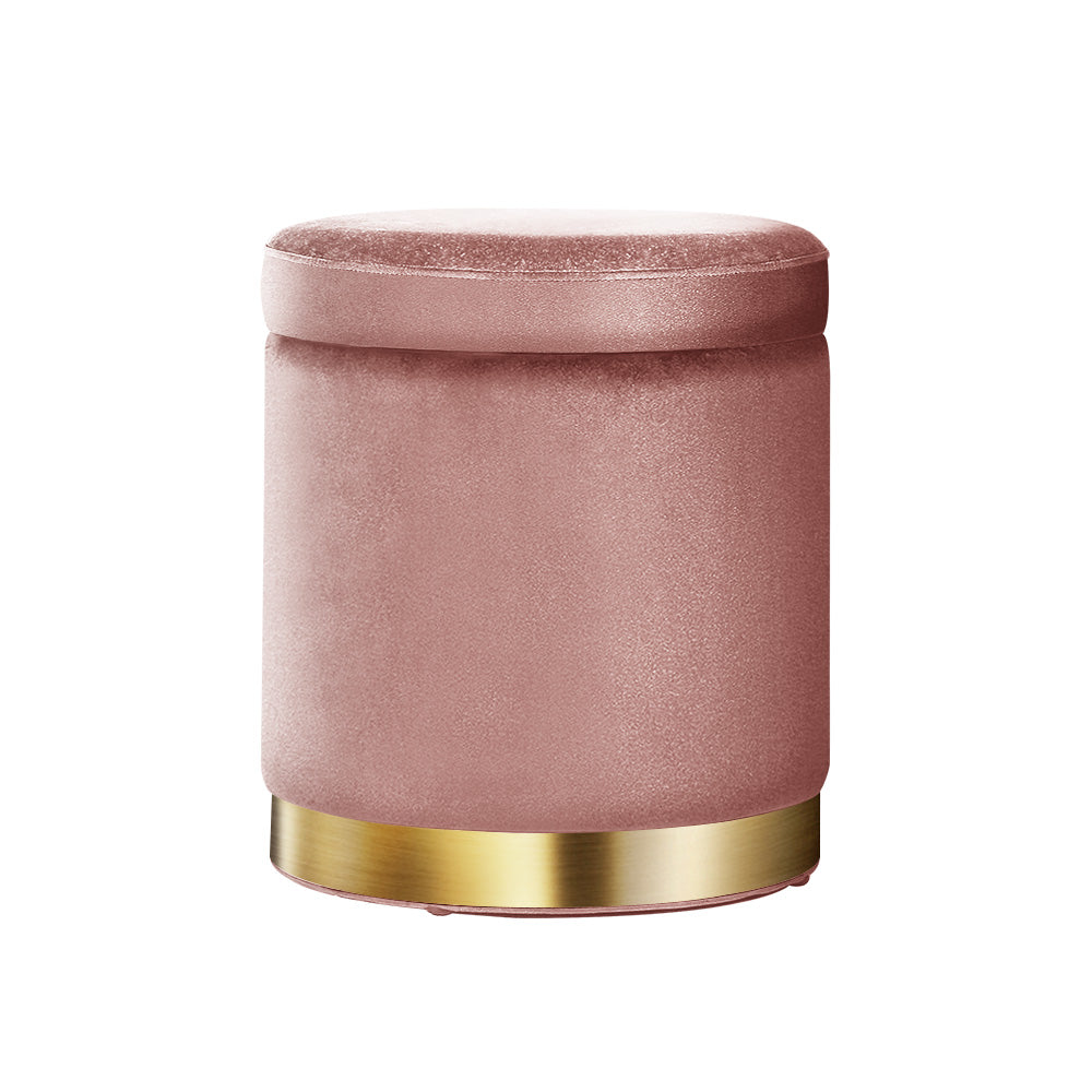 Artiss Round Velvet Foot Stool in pink, featuring a tufted design and gold stainless-steel ring, perfect for storage and footrest.