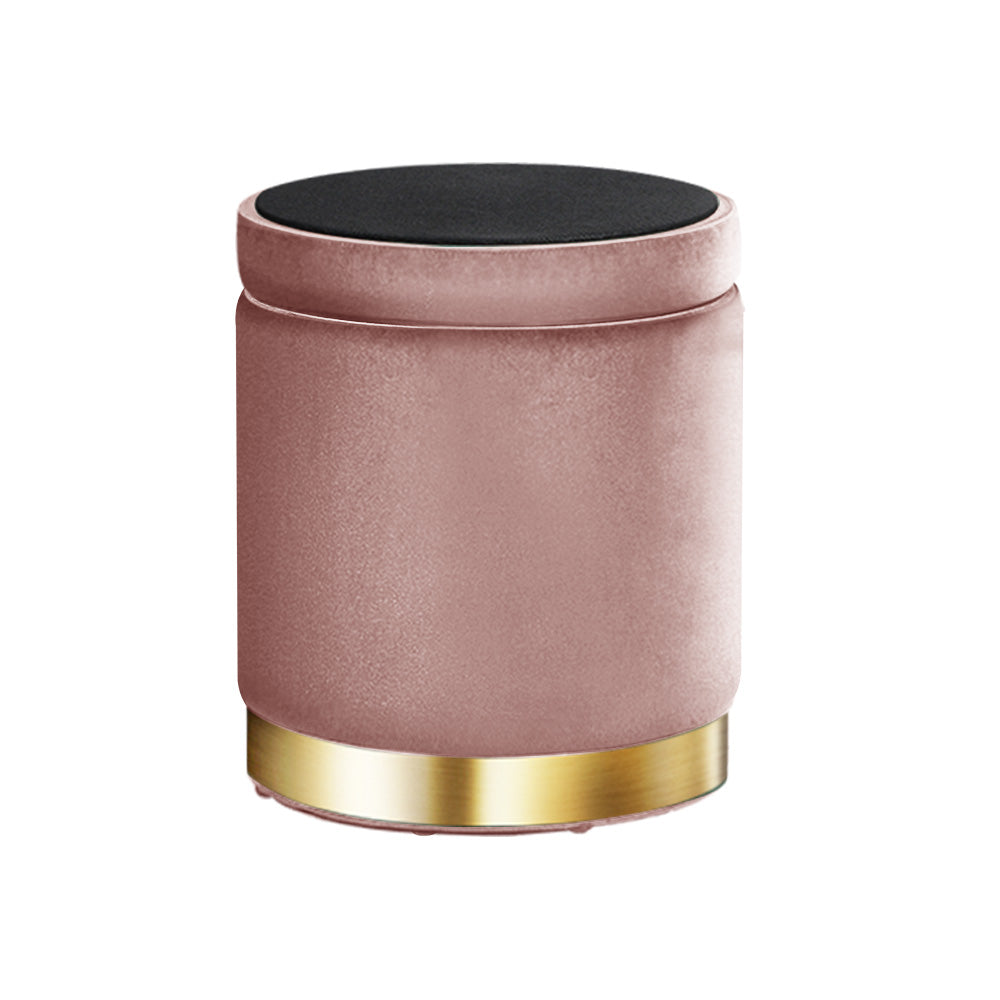 Artiss Round Velvet Foot Stool in pink, featuring a tufted design and gold stainless-steel ring, perfect for storage and footrest.