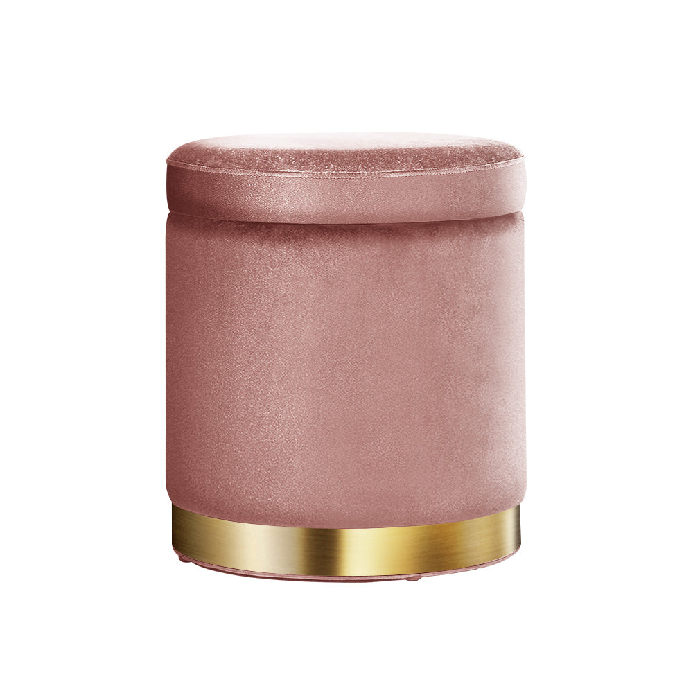 Artiss Round Velvet Foot Stool in pink, featuring a tufted design and gold stainless-steel ring, perfect for storage and footrest.