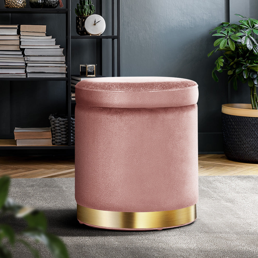 Artiss Round Velvet Foot Stool in pink, featuring a tufted design and gold stainless-steel ring, perfect for storage and footrest.