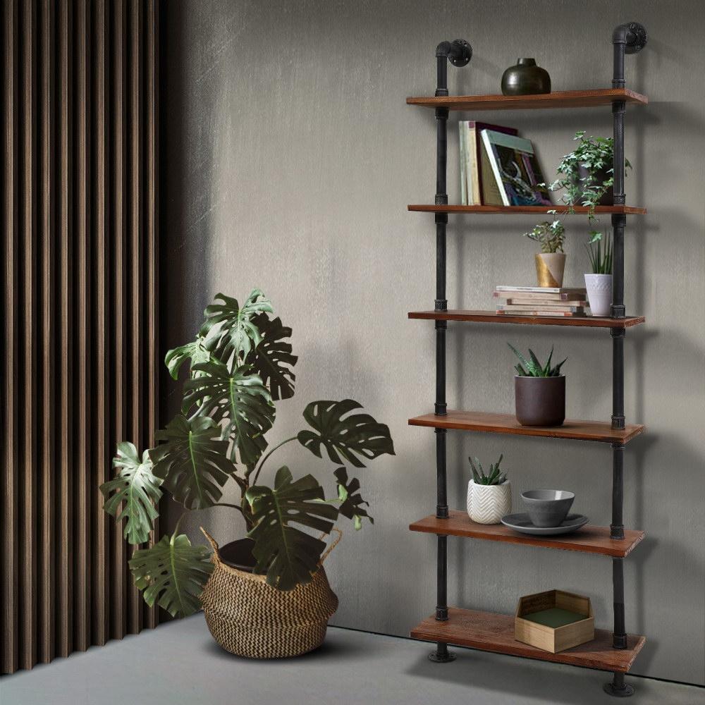 Artiss Rustic Wall Shelves featuring a 6-level industrial pipe design with solid timber planks, ideal for home or office decor.