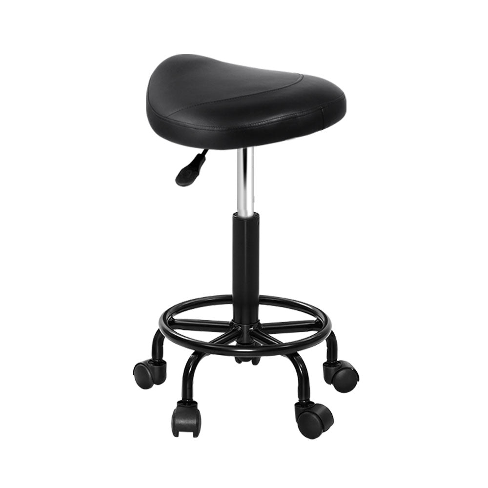 Artiss Saddle Stool Salon Chair in Black with a stylish saddle seat design, featuring PU leather upholstery and a sturdy chrome iron base.