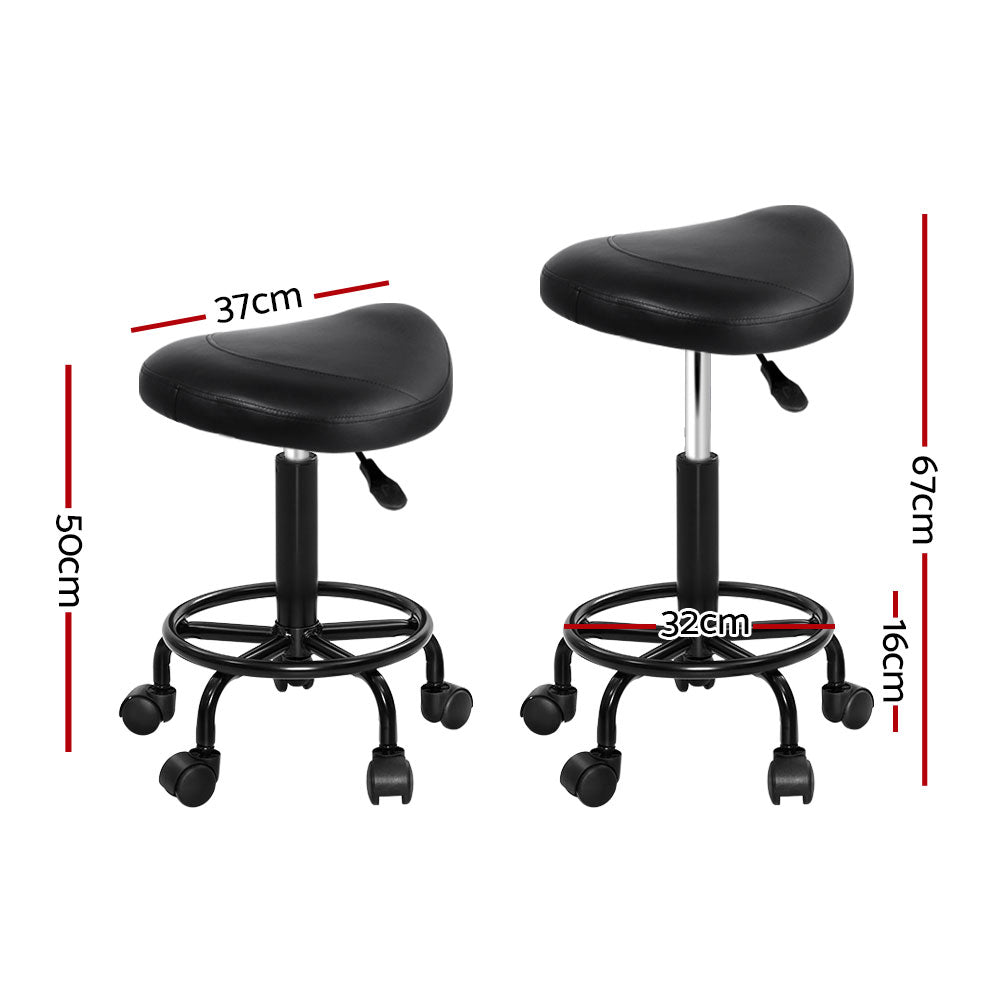 Artiss Saddle Stool Salon Chair in Black with a stylish saddle seat design, featuring PU leather upholstery and a sturdy chrome iron base.