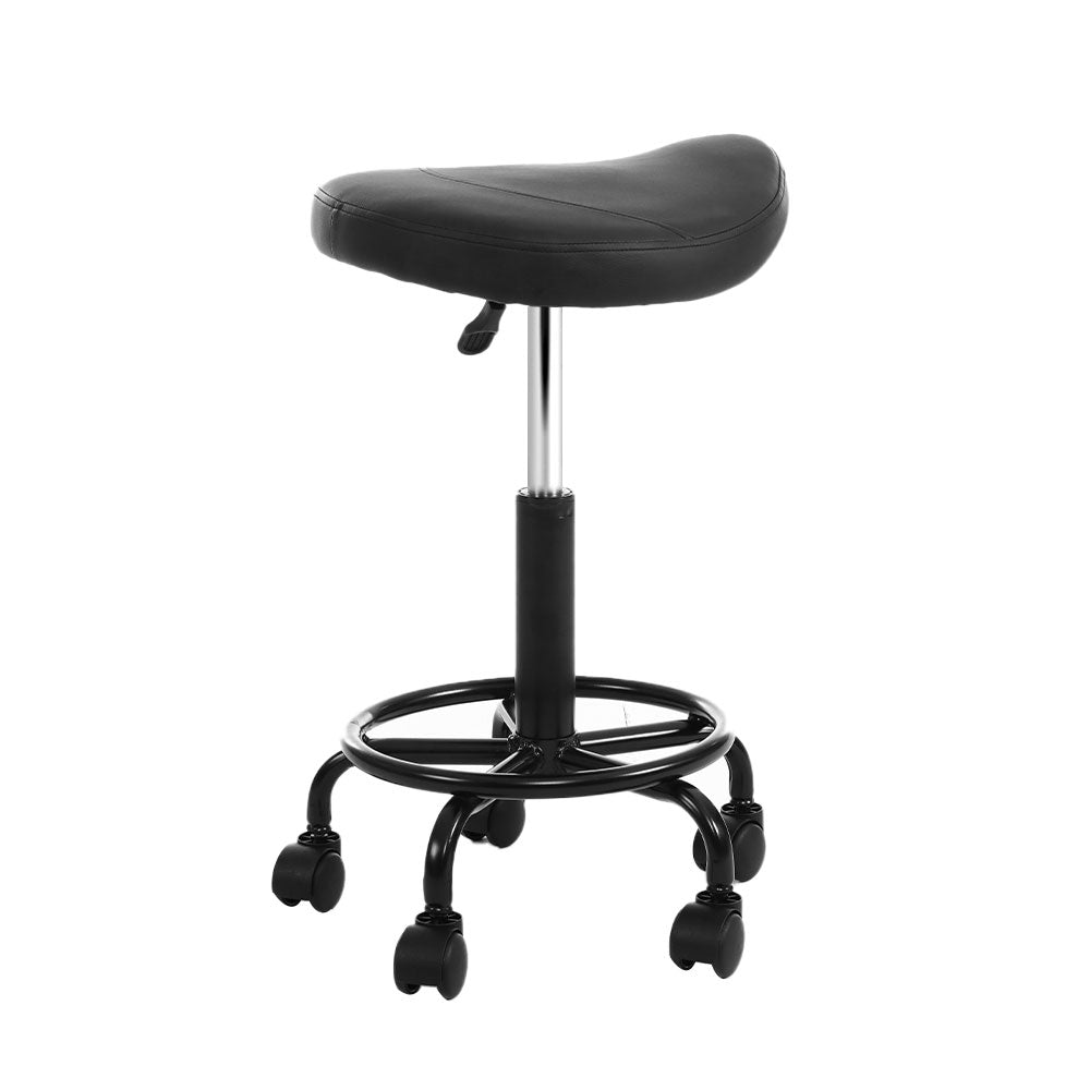 Artiss Saddle Stool Salon Chair in Black with a stylish saddle seat design, featuring PU leather upholstery and a sturdy chrome iron base.