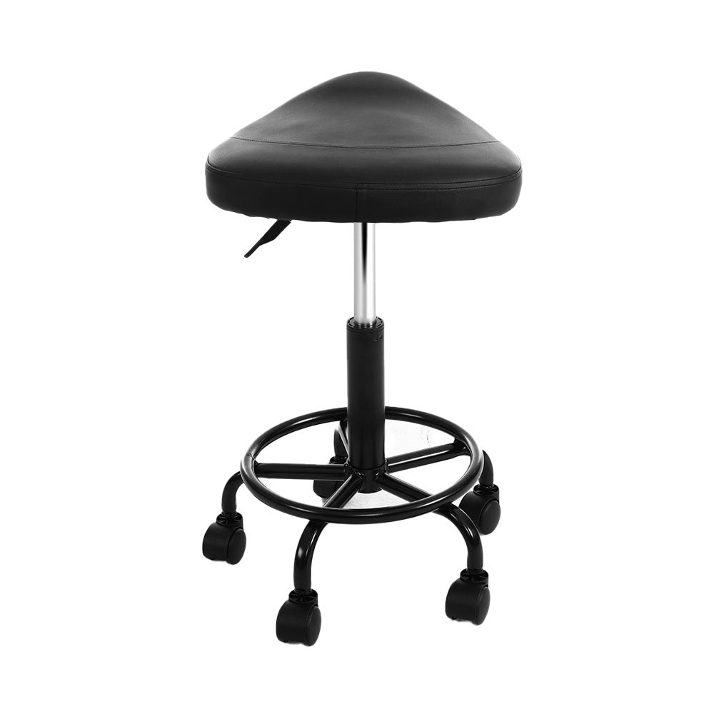 Artiss Saddle Stool Salon Chair in Black with a stylish saddle seat design, featuring PU leather upholstery and a sturdy chrome iron base.