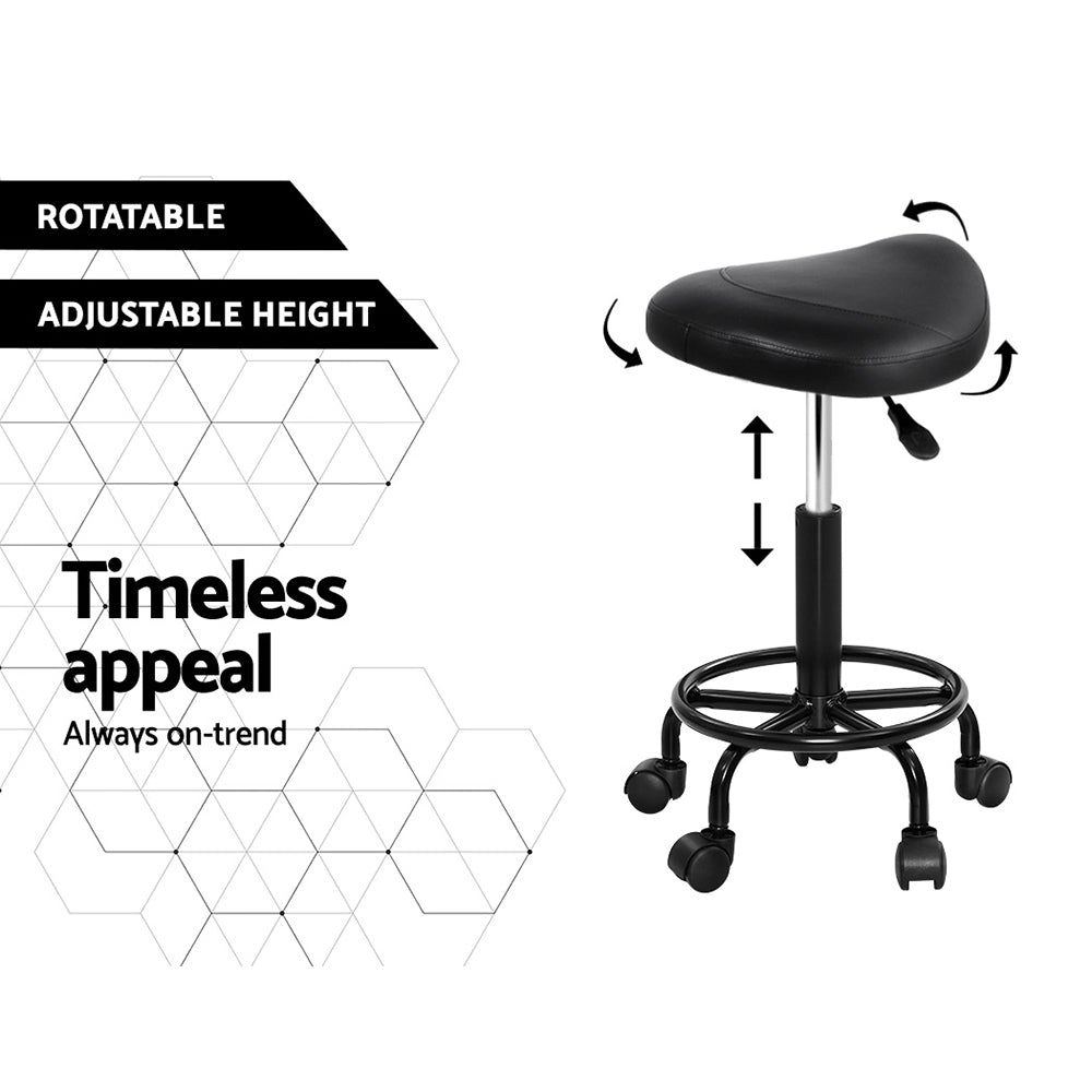 Artiss Saddle Stool Salon Chair in Black with a stylish saddle seat design, featuring PU leather upholstery and a sturdy chrome iron base.