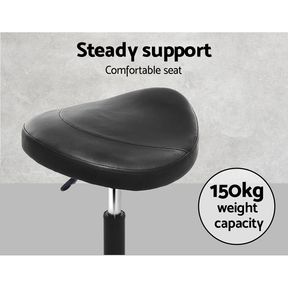 Artiss Saddle Stool Salon Chair in Black with a stylish saddle seat design, featuring PU leather upholstery and a sturdy chrome iron base.