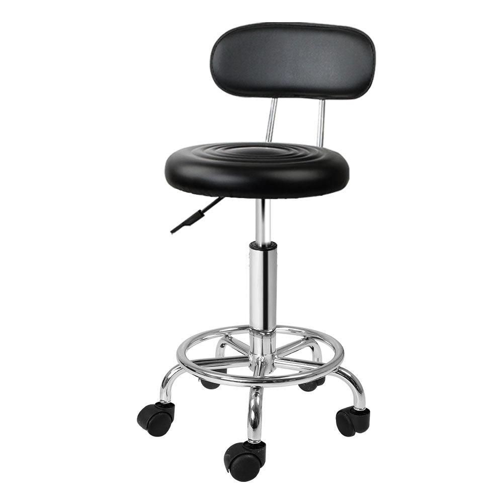 Artiss Salon Stool Swivel Chair with Backrest in black PU leather, featuring a round seat, chrome base, and five castor wheels for mobility.