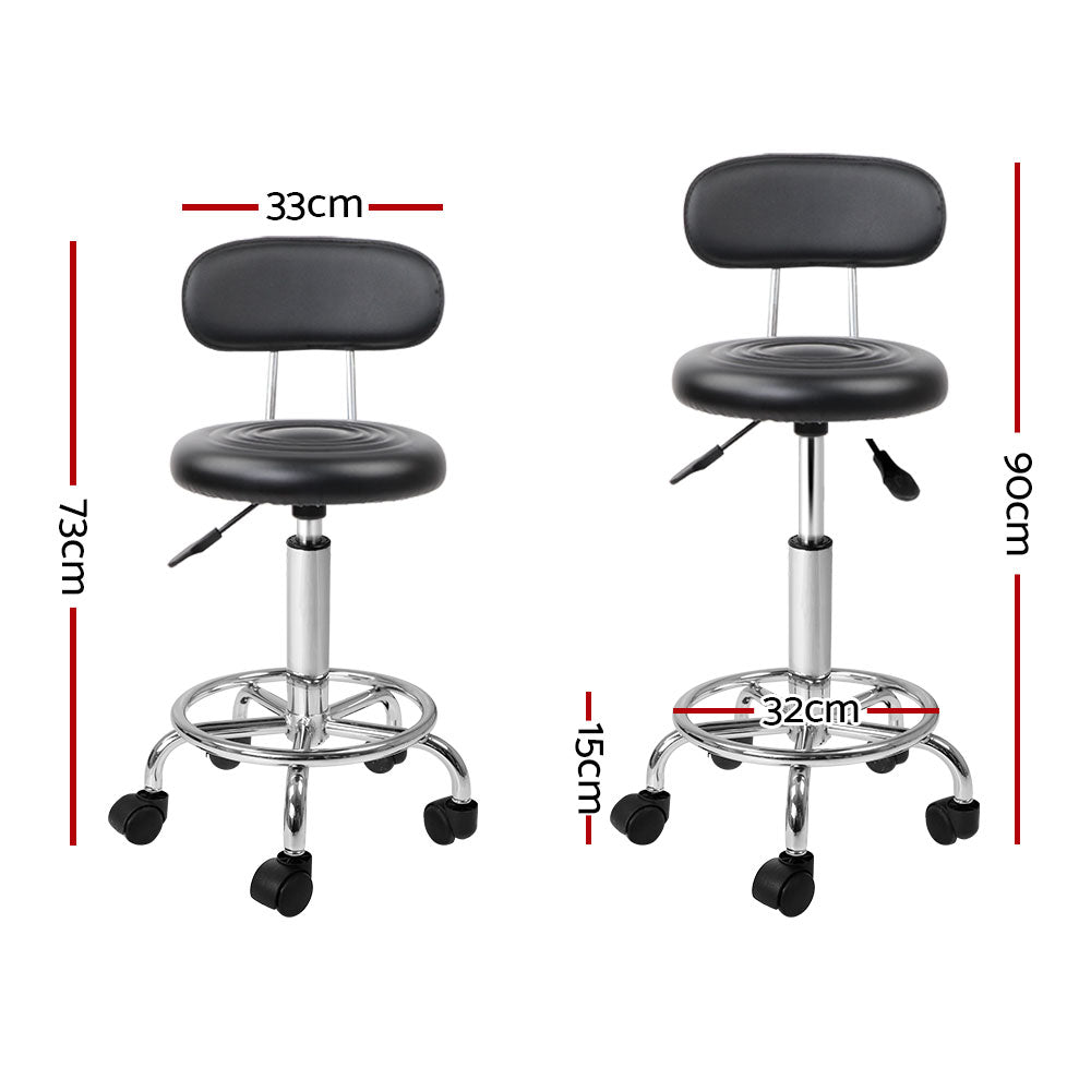 Artiss Salon Stool Swivel Chair with Backrest in black PU leather, featuring a round seat, chrome base, and five castor wheels for mobility.