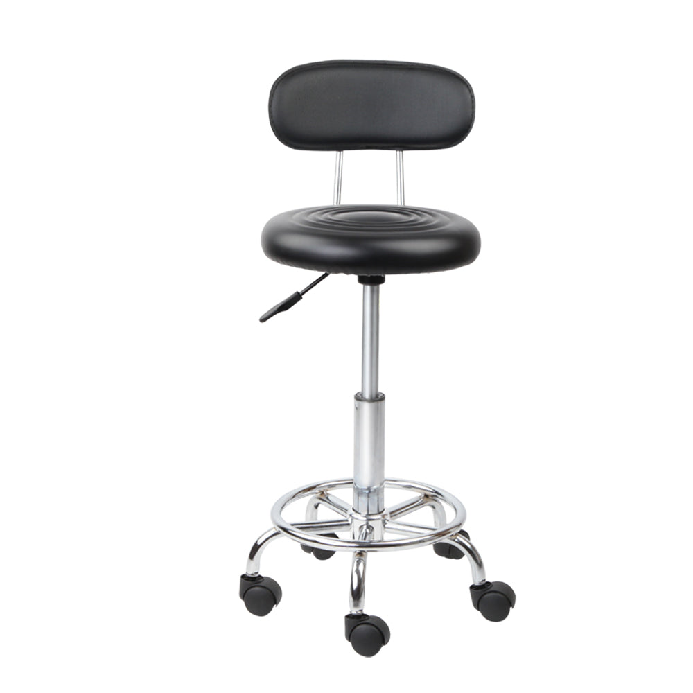 Artiss Salon Stool Swivel Chair with Backrest in black PU leather, featuring a round seat, chrome base, and five castor wheels for mobility.