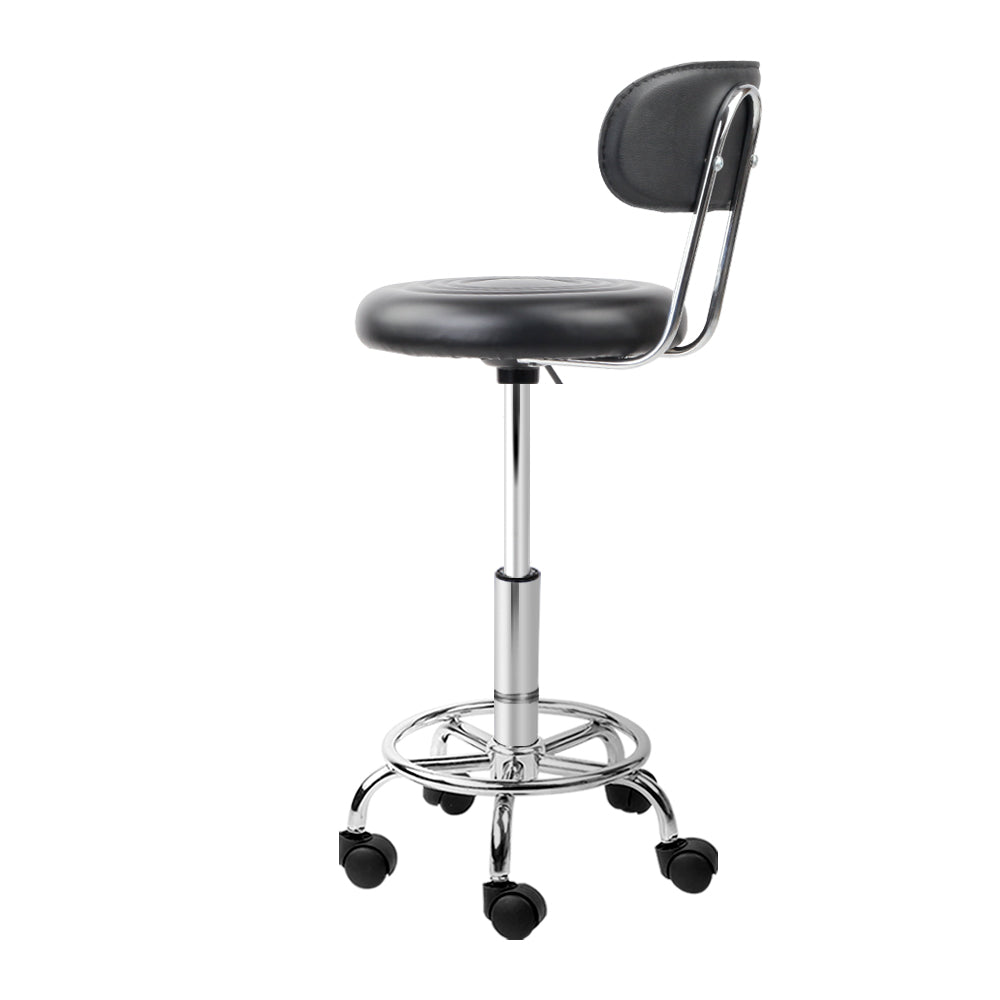 Artiss Salon Stool Swivel Chair with Backrest in black PU leather, featuring a round seat, chrome base, and five castor wheels for mobility.