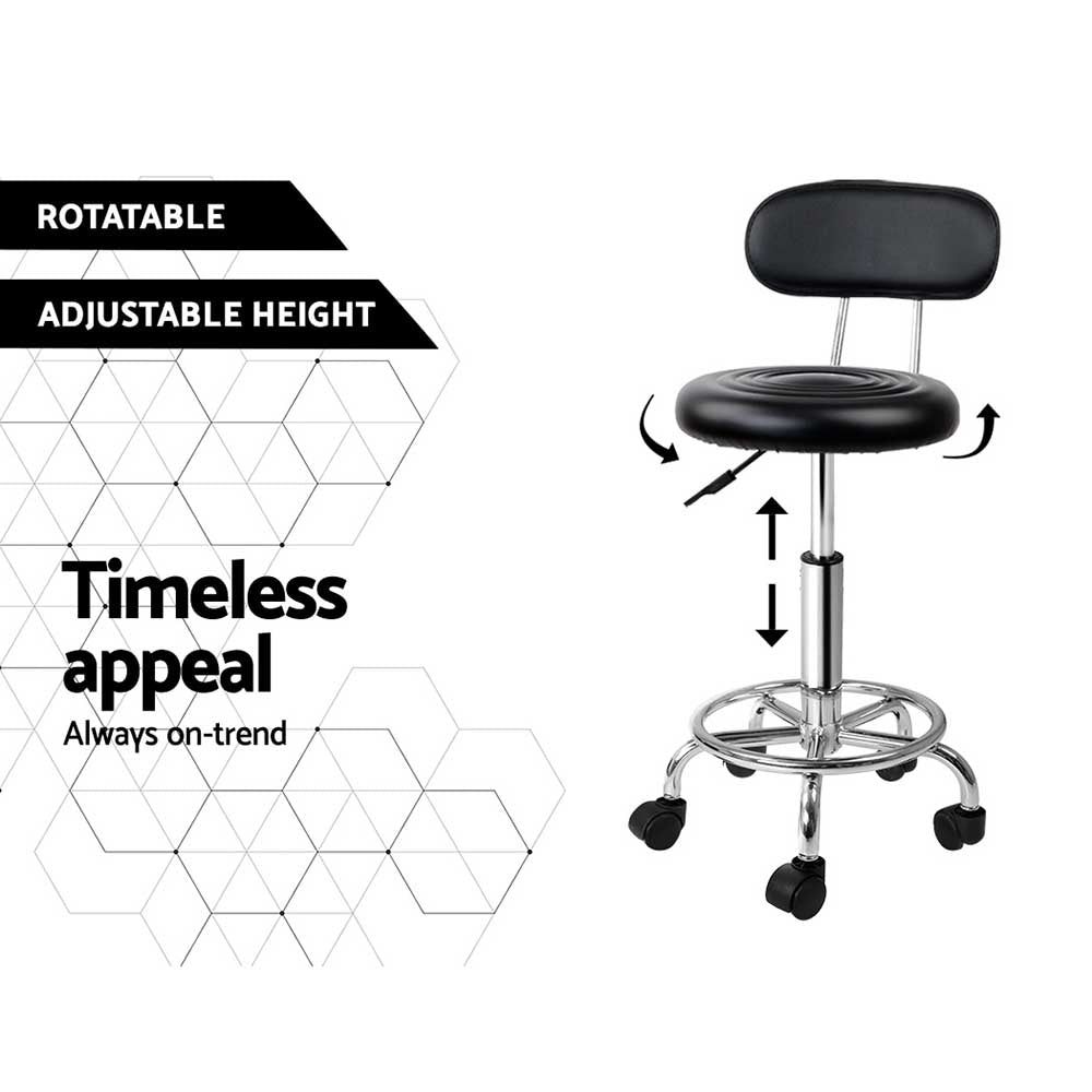 Artiss Salon Stool Swivel Chair with Backrest in black PU leather, featuring a round seat, chrome base, and five castor wheels for mobility.