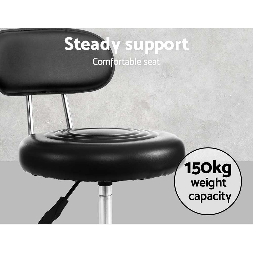 Artiss Salon Stool Swivel Chair with Backrest in black PU leather, featuring a round seat, chrome base, and five castor wheels for mobility.