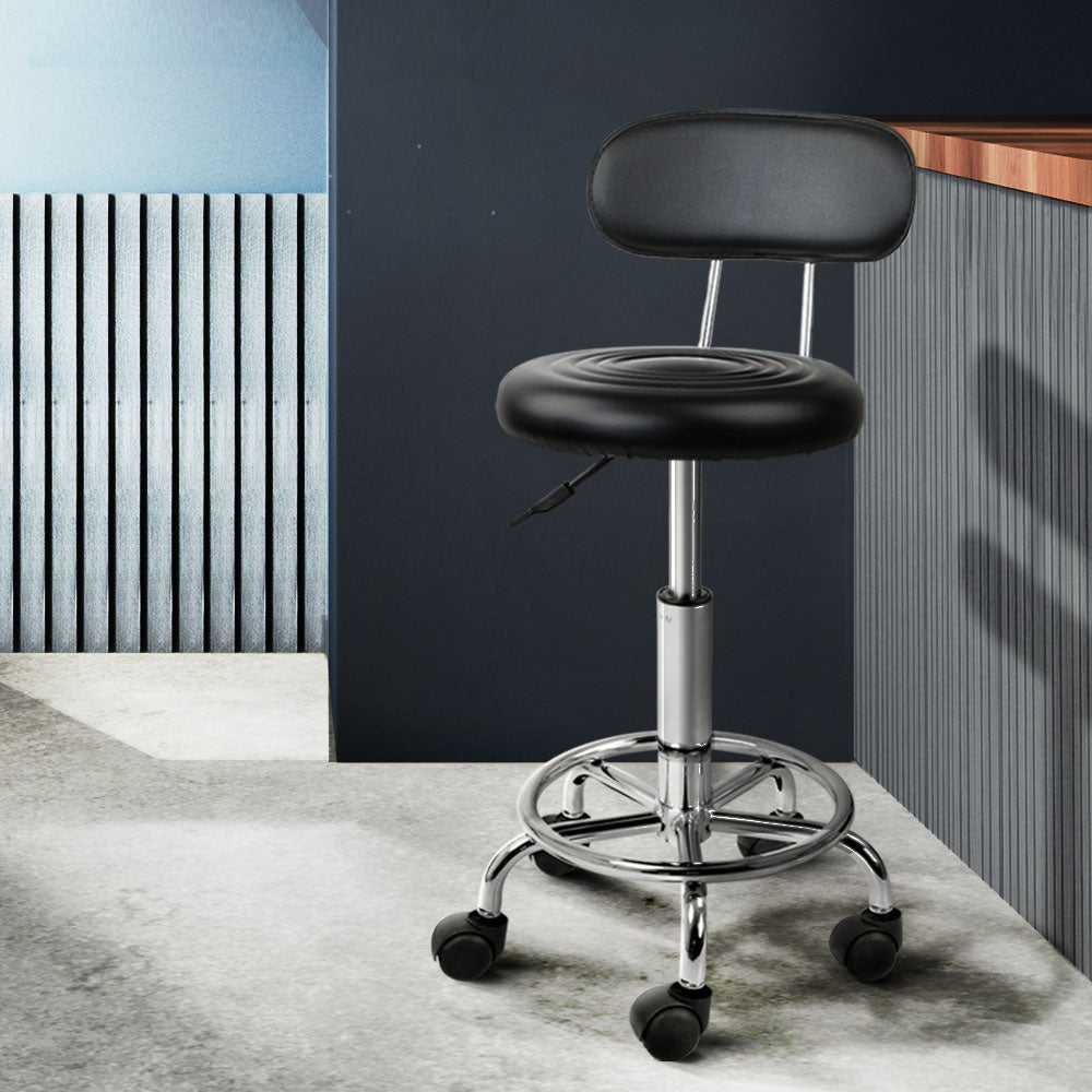 Artiss Salon Stool Swivel Chair with Backrest in black PU leather, featuring a round seat, chrome base, and five castor wheels for mobility.