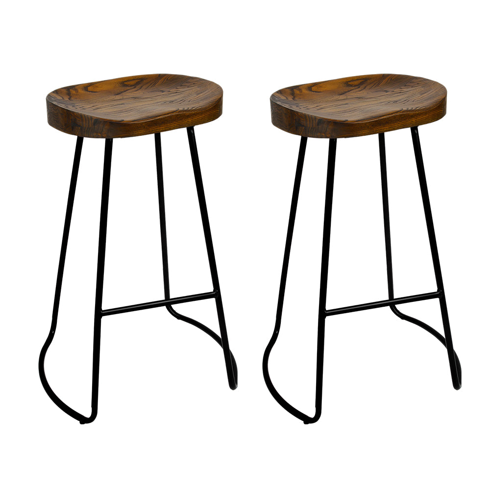 Artiss Set of 2 Backless Elm Wood Bar Stools with black legs and natural wood seats, showcasing a vintage industrial design.