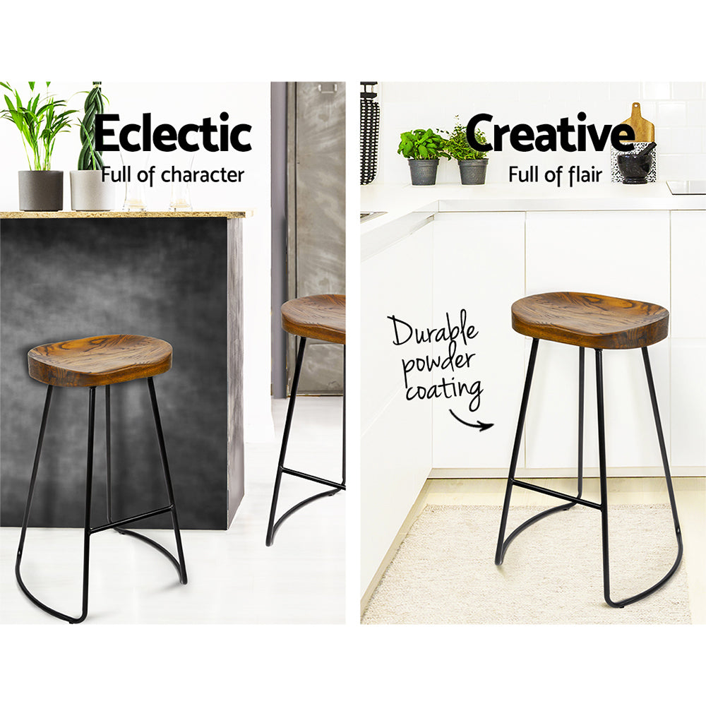 Artiss Set of 2 Backless Elm Wood Bar Stools with black legs and natural wood seats, showcasing a vintage industrial design.