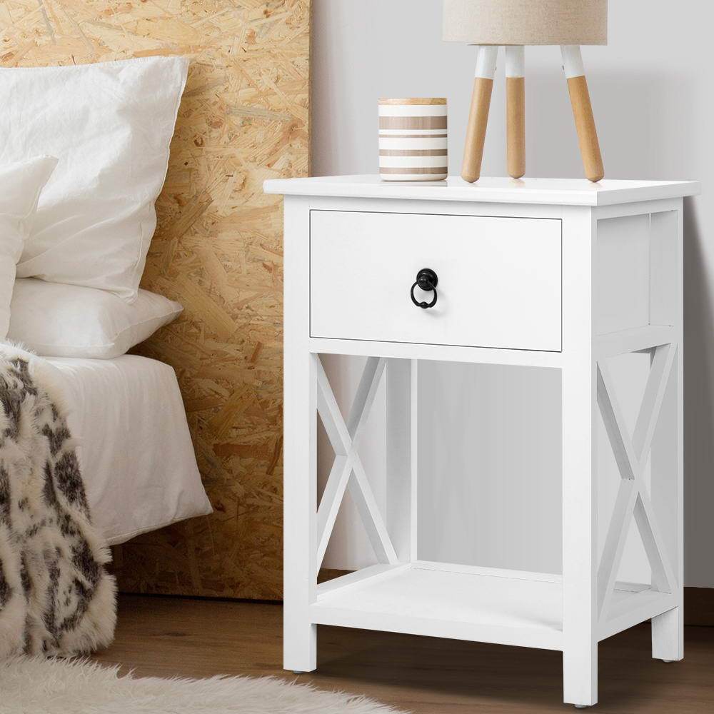 Artiss Set of 2 rustic bedside tables with drawers and bottom shelf, crafted from solid Paulownia wood and MDF, featuring a vintage-style ring handle.