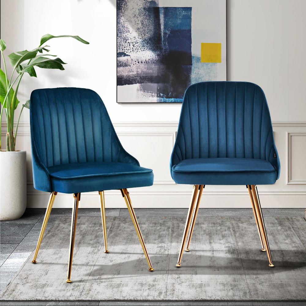 Artiss Set of 2 Dining Chairs featuring soft blue velvet upholstery and glamorous gold metal legs, showcasing a retro scallop shell design.