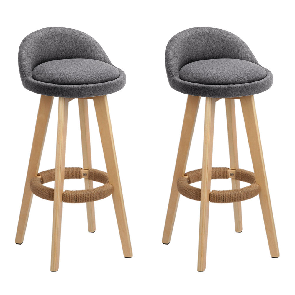 Artiss Set of 2 Grey Fabric Backrest Bar Stools with wooden frame and rubber protectors.