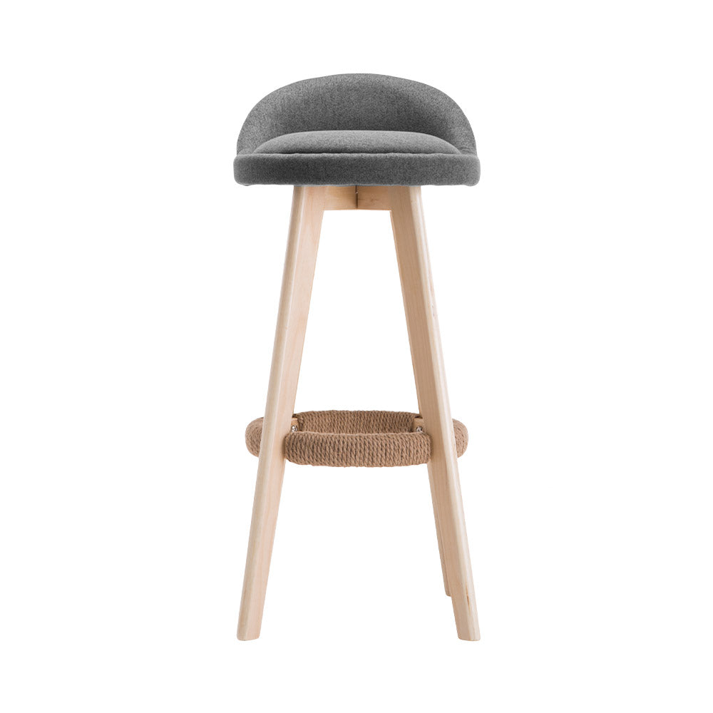 Artiss Set of 2 Grey Fabric Backrest Bar Stools with wooden frame and rubber protectors.