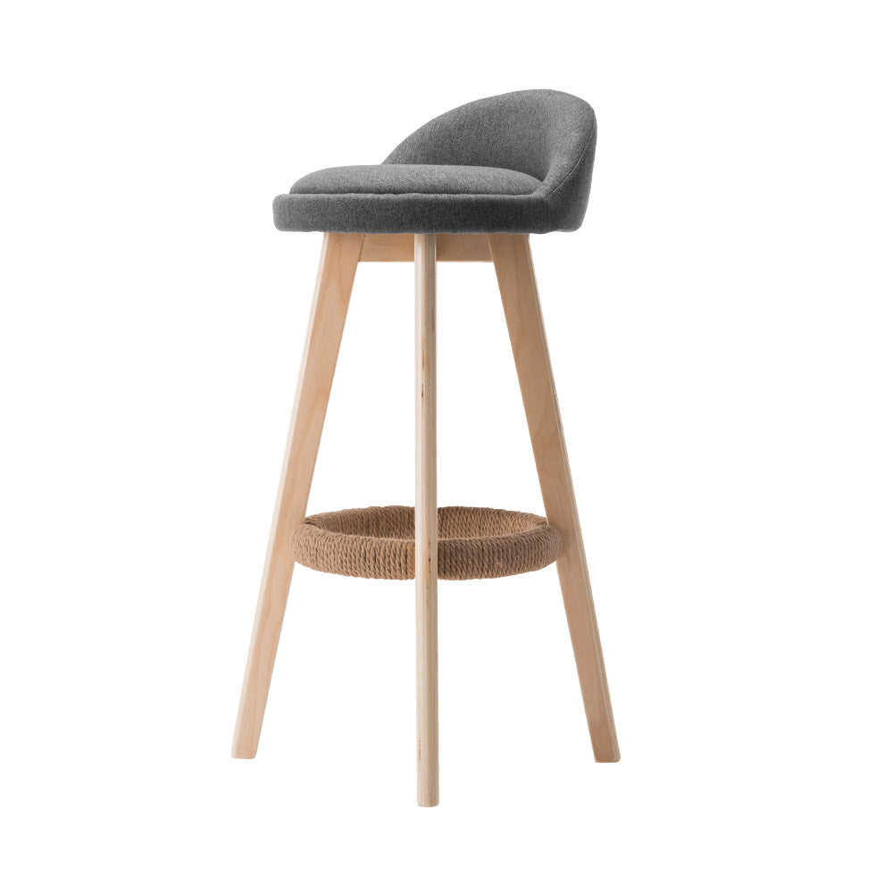 Artiss Set of 2 Grey Fabric Backrest Bar Stools with wooden frame and rubber protectors.