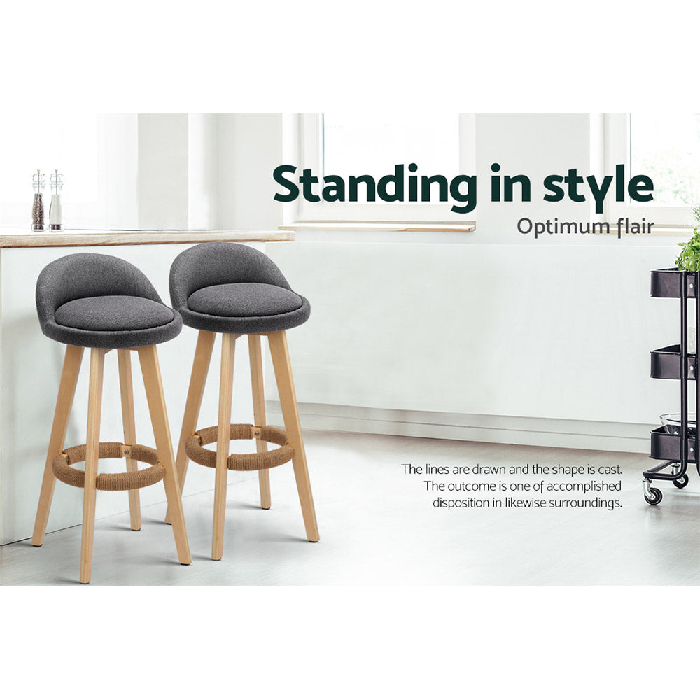 Artiss Set of 2 Grey Fabric Backrest Bar Stools with wooden frame and rubber protectors.