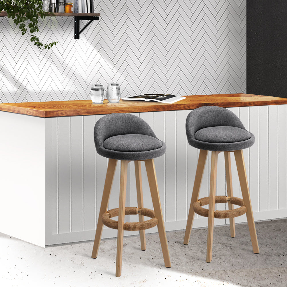 Artiss Set of 2 Grey Fabric Backrest Bar Stools with wooden frame and rubber protectors.