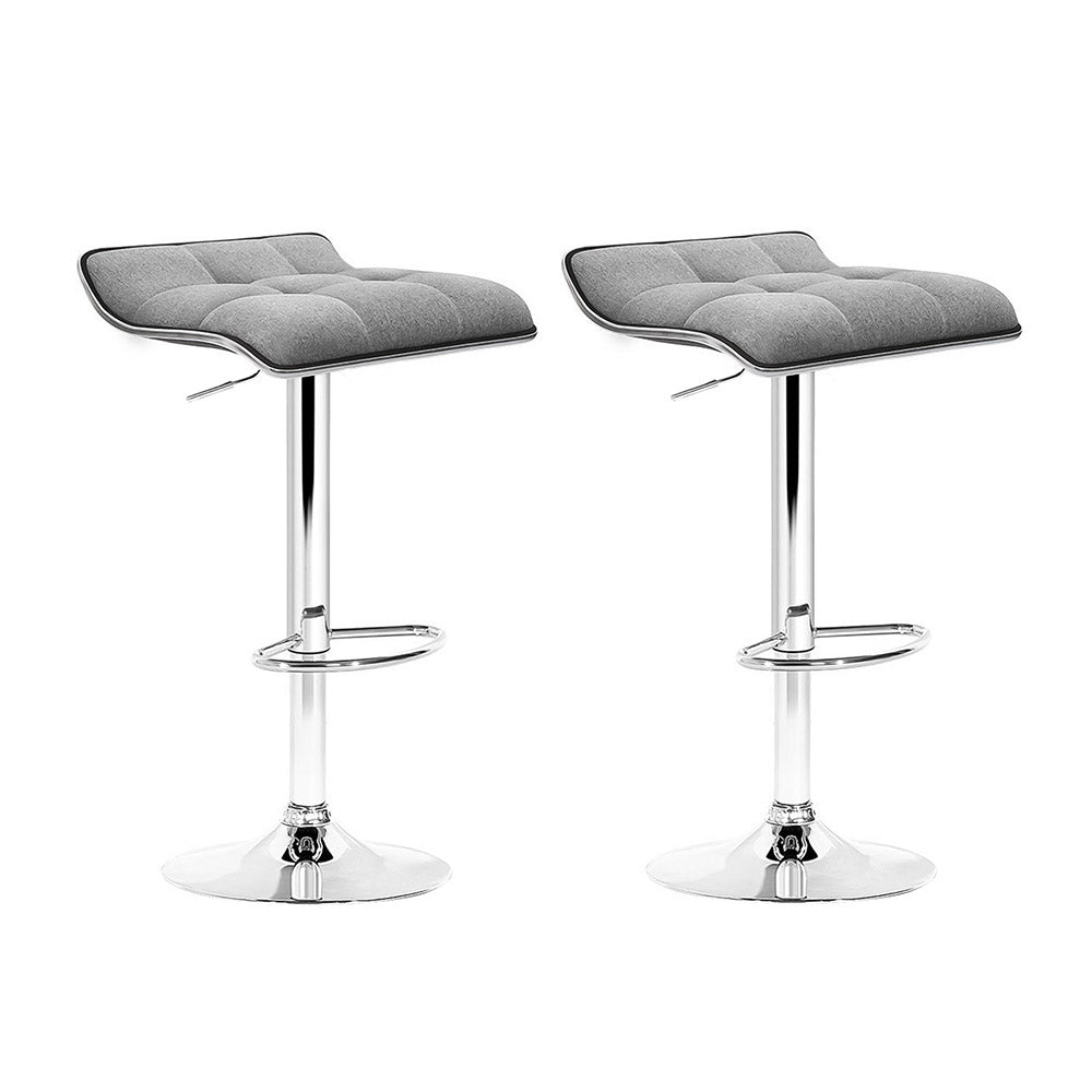 Artiss Set of 2 Grey Fabric Bar Stools with Chrome Base, featuring padded seats and a swivel design.