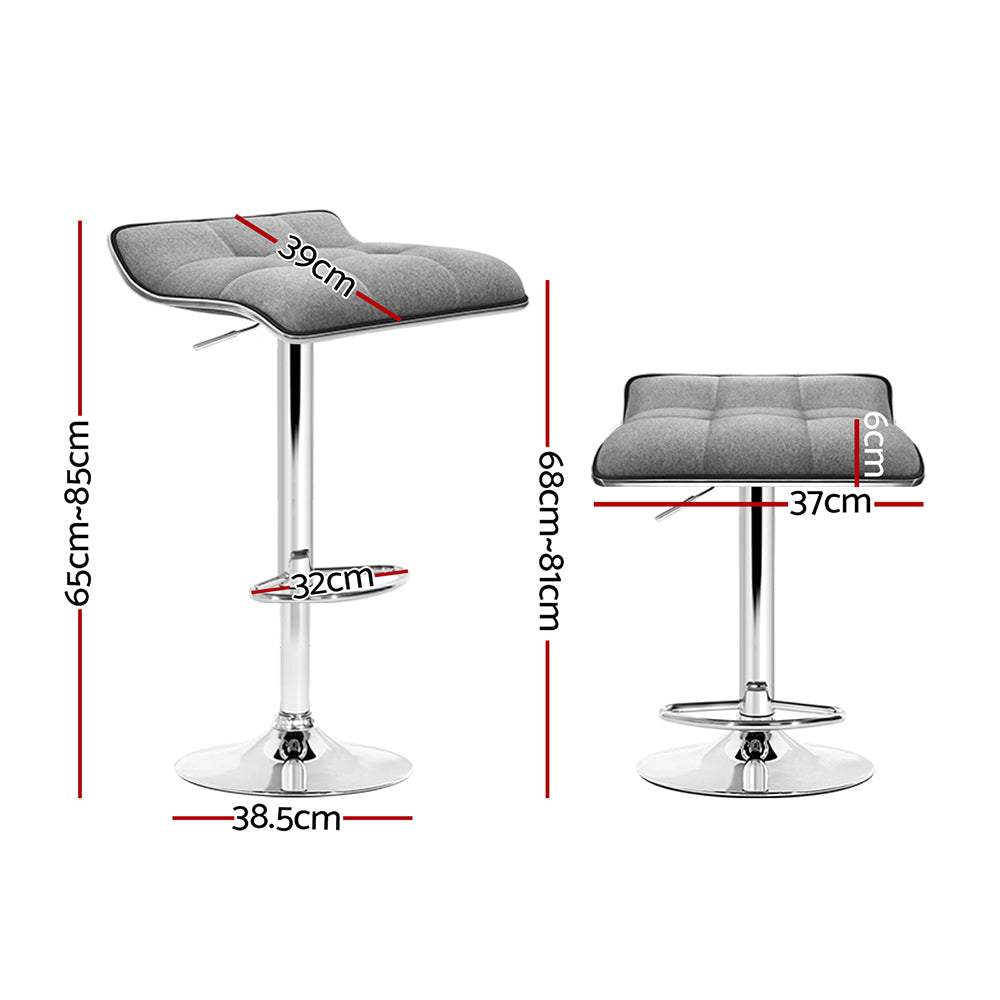 Artiss Set of 2 Grey Fabric Bar Stools with Chrome Base, featuring padded seats and a swivel design.