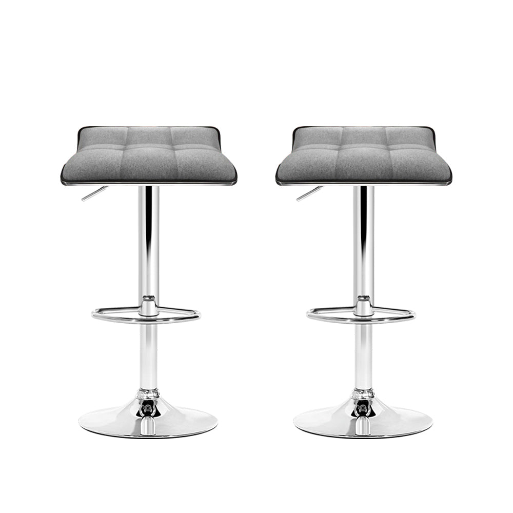 Artiss Set of 2 Grey Fabric Bar Stools with Chrome Base, featuring padded seats and a swivel design.