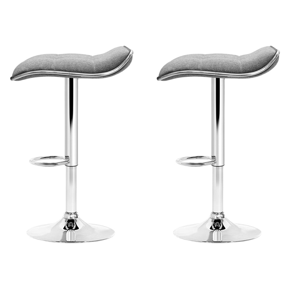 Artiss Set of 2 Grey Fabric Bar Stools with Chrome Base, featuring padded seats and a swivel design.