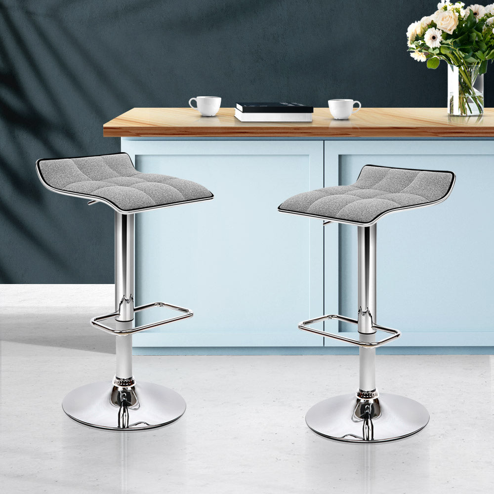 Artiss Set of 2 Grey Fabric Bar Stools with Chrome Base, featuring padded seats and a swivel design.