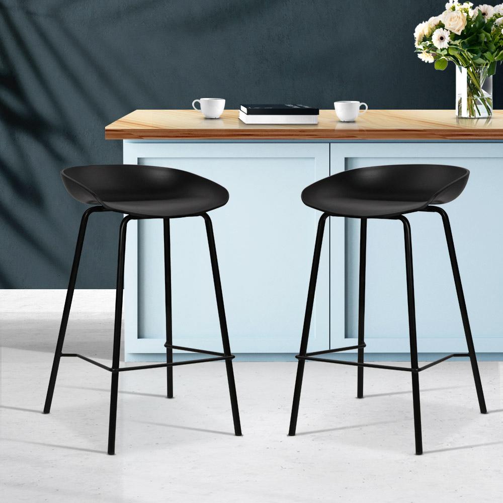 Artiss Set of 2 Metal Bar Stools in Black with PP plastic seats and reinforced metal frames, featuring stylish footrests and floor protectors.