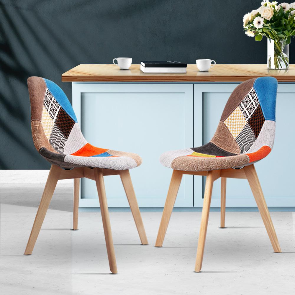 Artiss Set of 2 Retro Beech Fabric Dining Chairs in multi-colour with beech wood legs, showcasing a stylish and comfortable design.