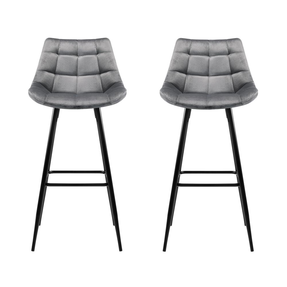 Artiss Set of 2 Velvet Bar Stools in Grey featuring tufted velvet fabric and sturdy metal legs.