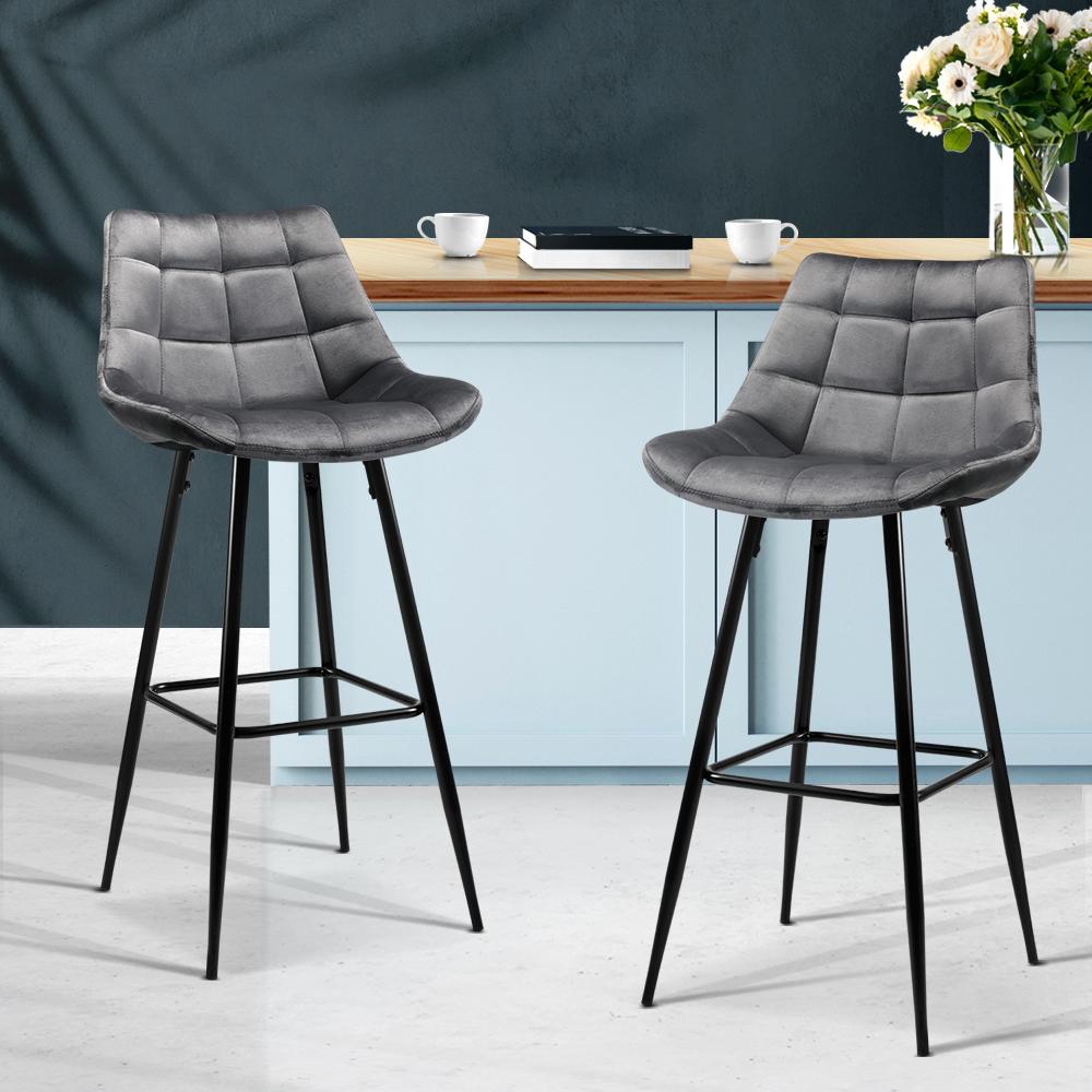 Artiss Set of 2 Velvet Bar Stools in Grey featuring tufted velvet fabric and sturdy metal legs.