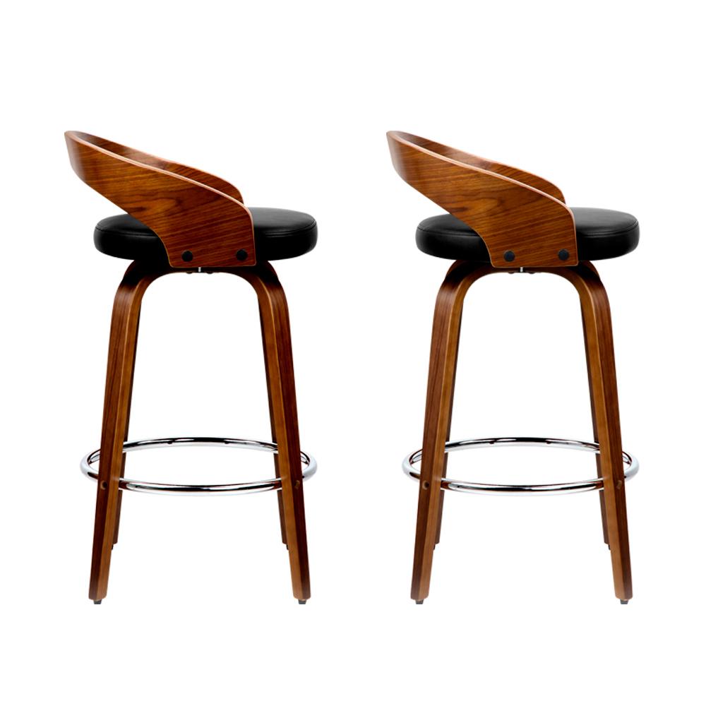 Artiss Set of 2 Walnut Wood Bar Stools featuring black PU leather seats and chrome steel footrest, showcasing elegant design and sturdy construction.