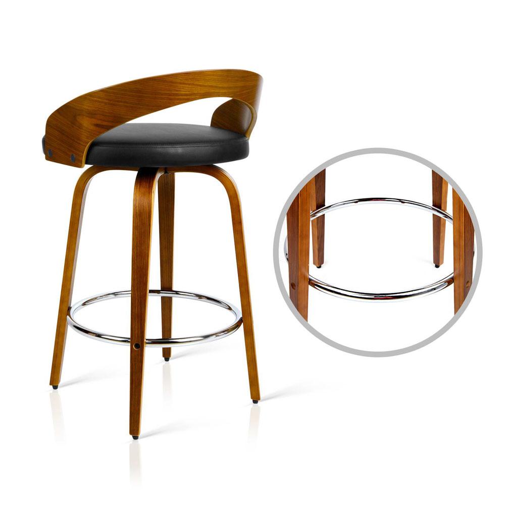 Artiss Set of 2 Walnut Wood Bar Stools featuring black PU leather seats and chrome steel footrest, showcasing elegant design and sturdy construction.