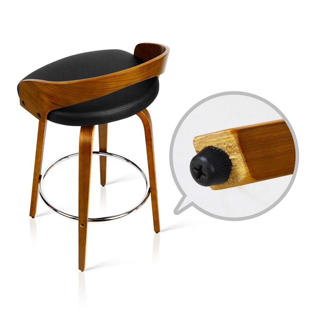 Artiss Set of 2 Walnut Wood Bar Stools featuring black PU leather seats and chrome steel footrest, showcasing elegant design and sturdy construction.