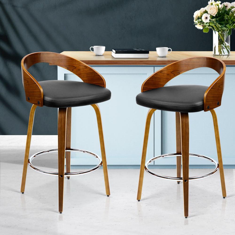 Artiss Set of 2 Walnut Wood Bar Stools featuring black PU leather seats and chrome steel footrest, showcasing elegant design and sturdy construction.