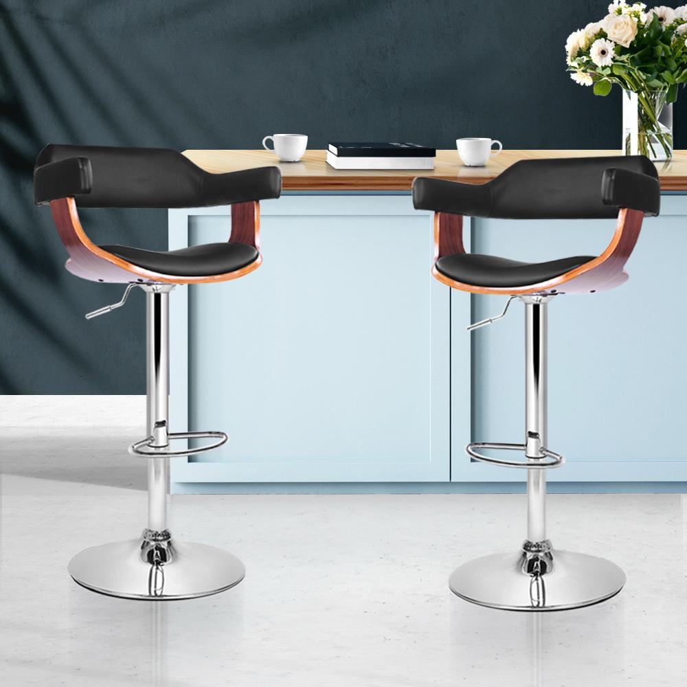 Artiss Set of 2 Wooden Bar Stools featuring a black PU leather padded seat and elegant wooden structure with a chrome base.