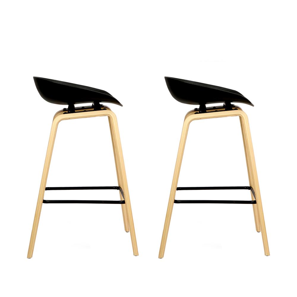 Artiss Set of 2 Wooden Square Footrest Bar Stools in Black with PP plastic seat and solid plywood legs, featuring a sleek design and anti-slip feet protectors.