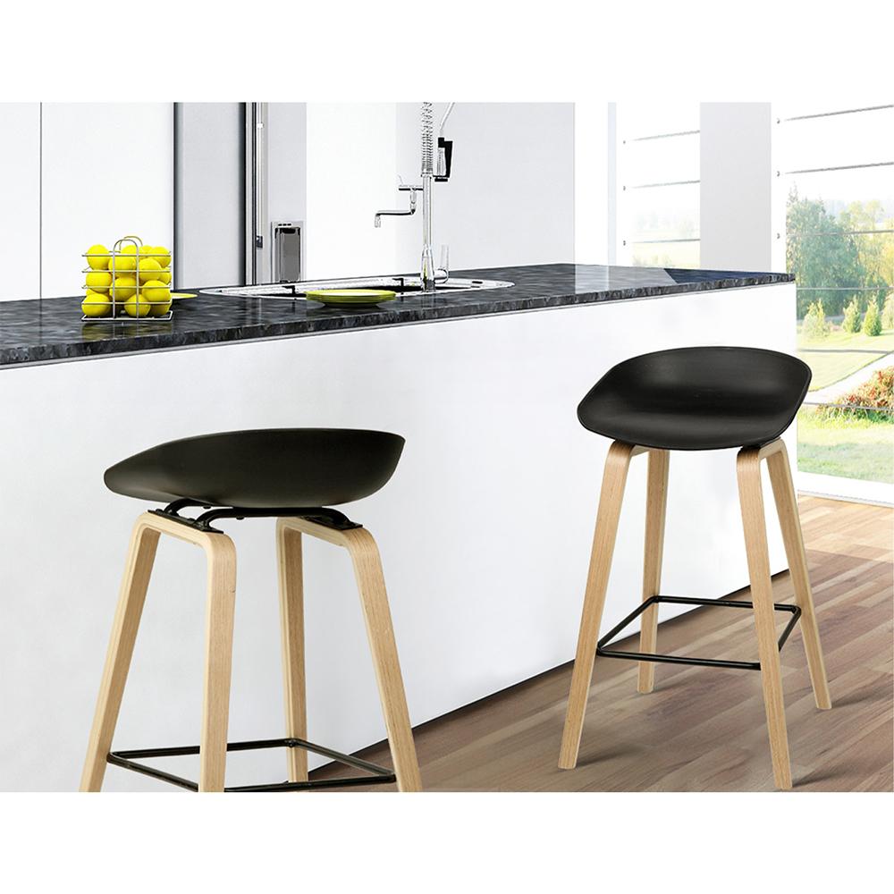 Artiss Set of 2 Wooden Square Footrest Bar Stools in Black with PP plastic seat and solid plywood legs, featuring a sleek design and anti-slip feet protectors.