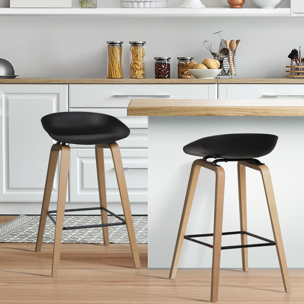 Artiss Set of 2 Wooden Square Footrest Bar Stools in Black with PP plastic seat and solid plywood legs, featuring a sleek design and anti-slip feet protectors.