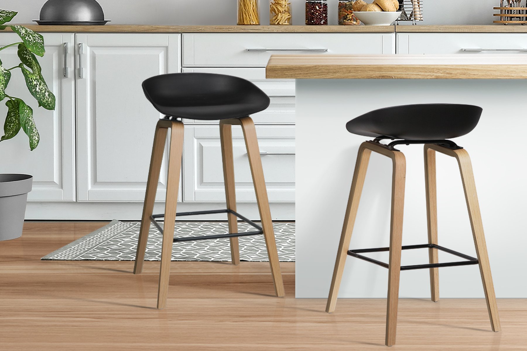 Artiss Set of 2 Wooden Square Footrest Bar Stools in Black with PP plastic seat and solid plywood legs, featuring a sleek design and anti-slip feet protectors.