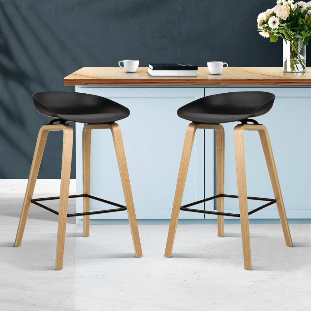 Artiss Set of 2 Wooden Square Footrest Bar Stools in Black with PP plastic seat and solid plywood legs, featuring a sleek design and anti-slip feet protectors.