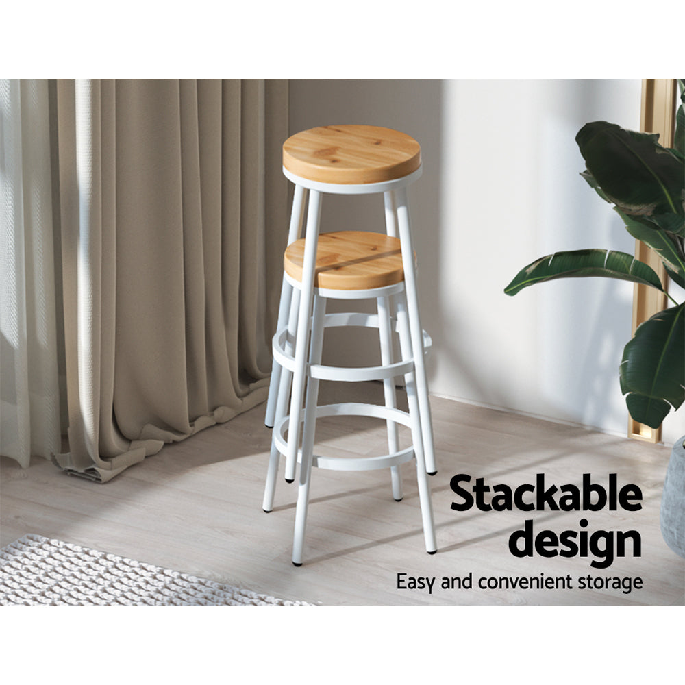 Artiss Set of 2 Wooden Stackable Bar Stools in white and wood, showcasing industrial design and sturdy construction.